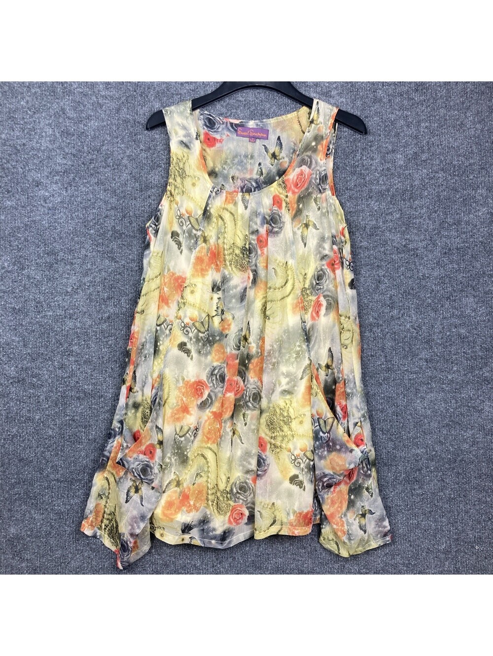 Sweet Sinnammon Womens Small Yellow Floral Flowy Lined Tank Pockets Sundress EUC